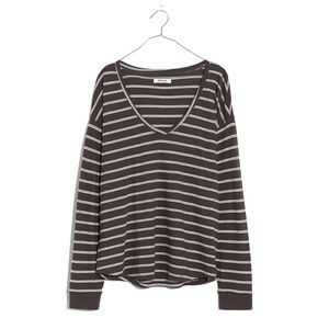 Madewell Do Well Grey and White Striped Softfade Cotton V-Neck Relaxed Tee Top